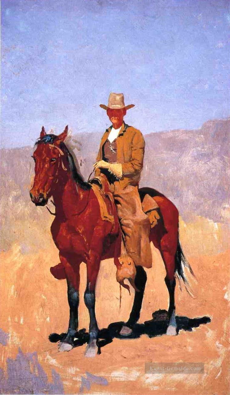 Mounted Cowboy in Chaps mit Rennen Pferd Frederic Remington Cowboy Ölgemälde